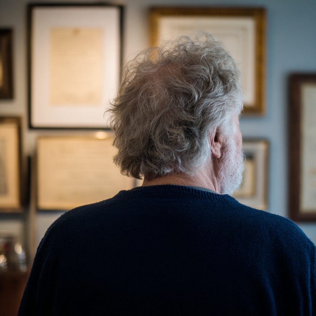 An older man looking at framed certificates | Source: Midjourney