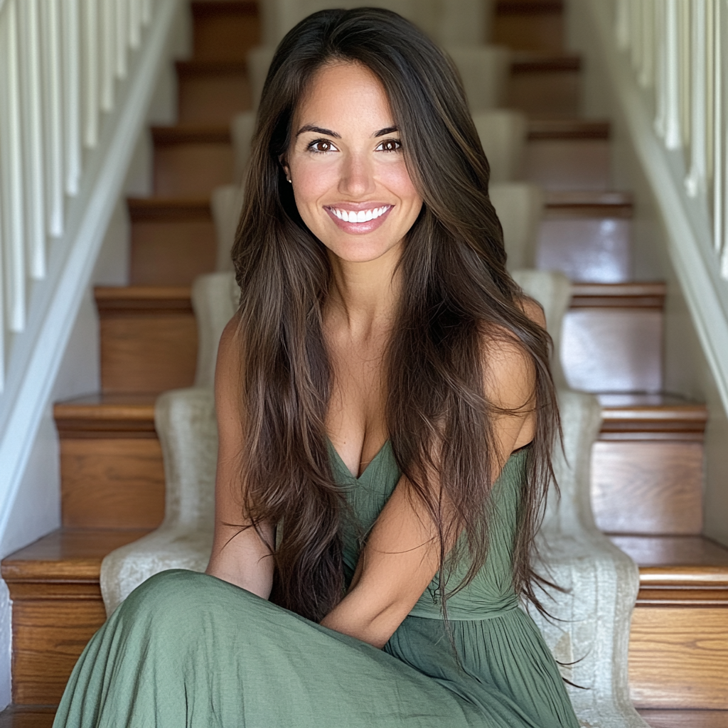 Une femme souriante assise dans un escalier | Source : Midjourney