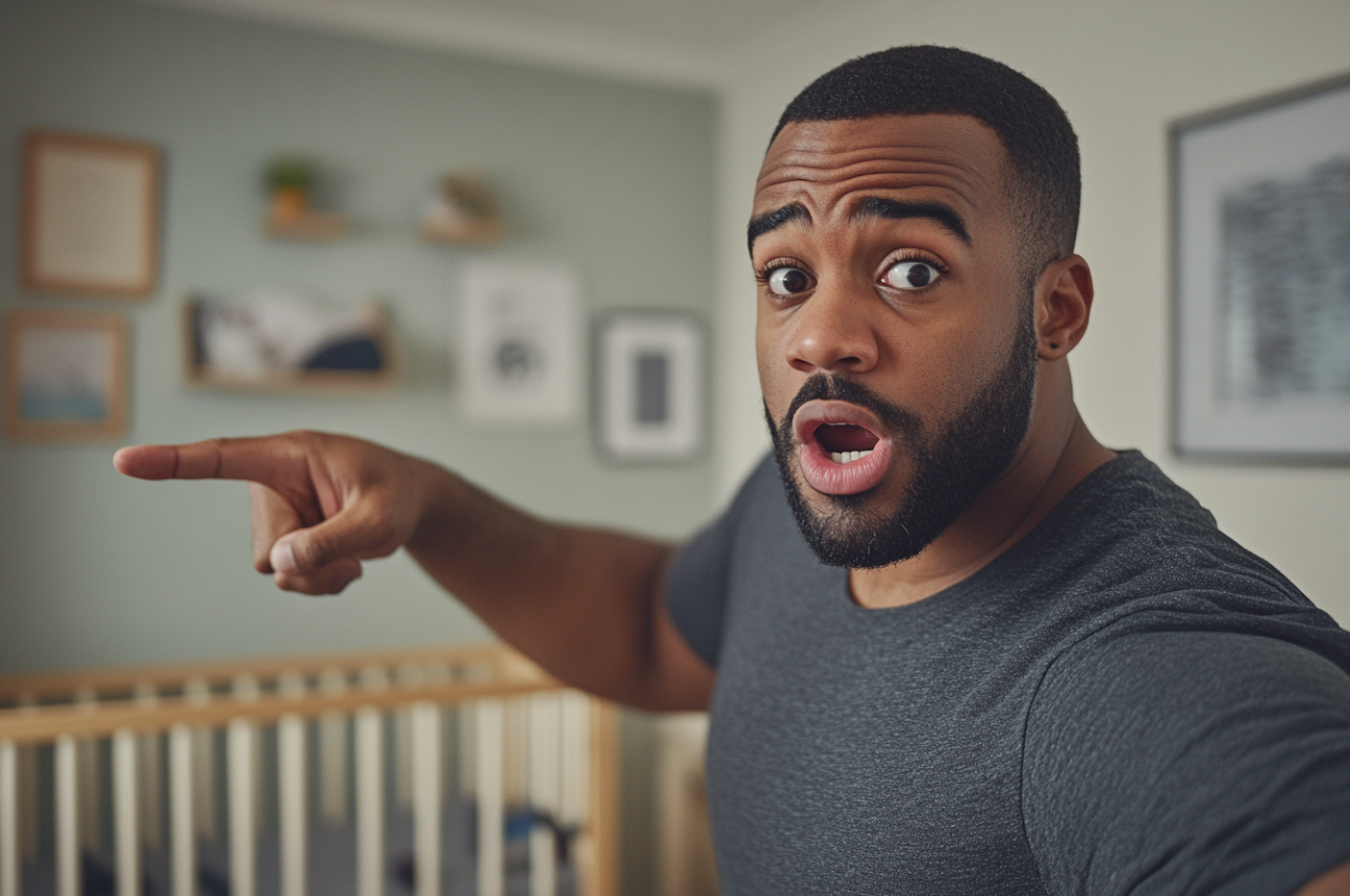 A man gesturing to a crib | Source: Midjourney