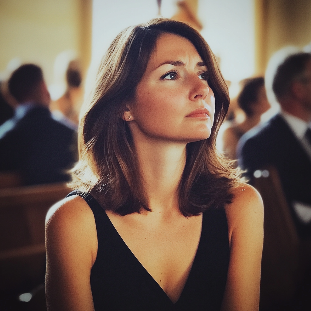 An upset woman in a church | Source: Midjourney