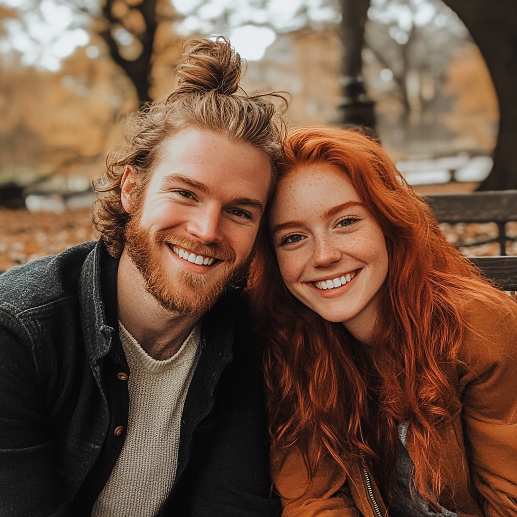 A smiling couple sitting on a park bench | Source: Midjourney