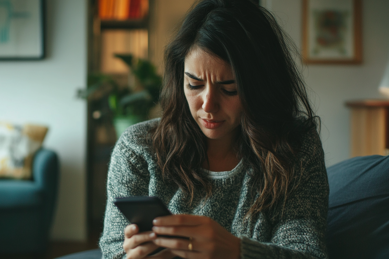 Mujer angustiada usando su teléfono inteligente | Fuente: Midjourney