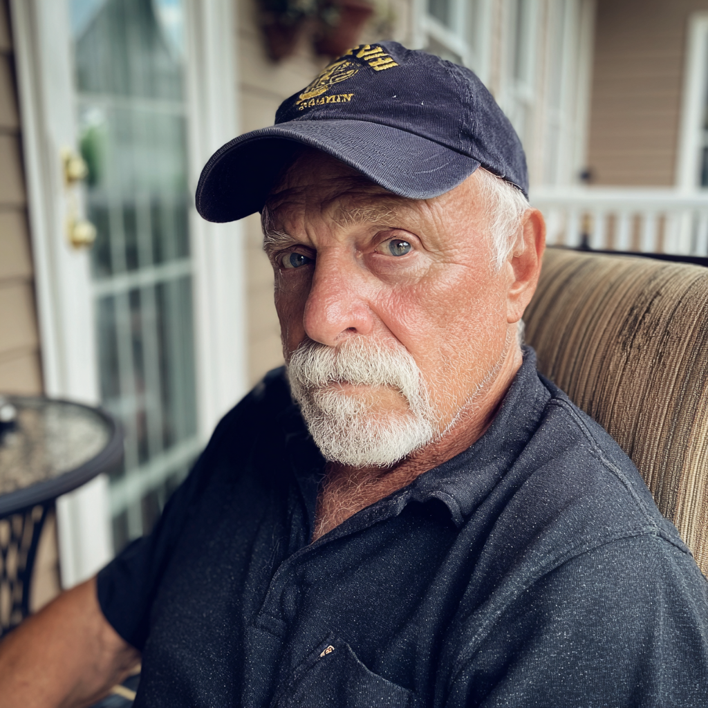 A older man wearing sitting on a porch | Source: Midjourney