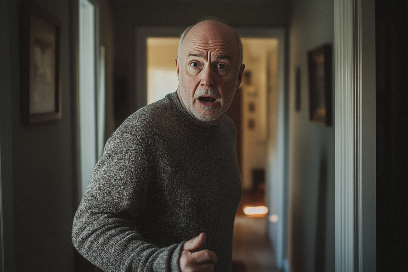 Man in his 60s talking and looking upset in the hallway of a home | Source: Midjourney