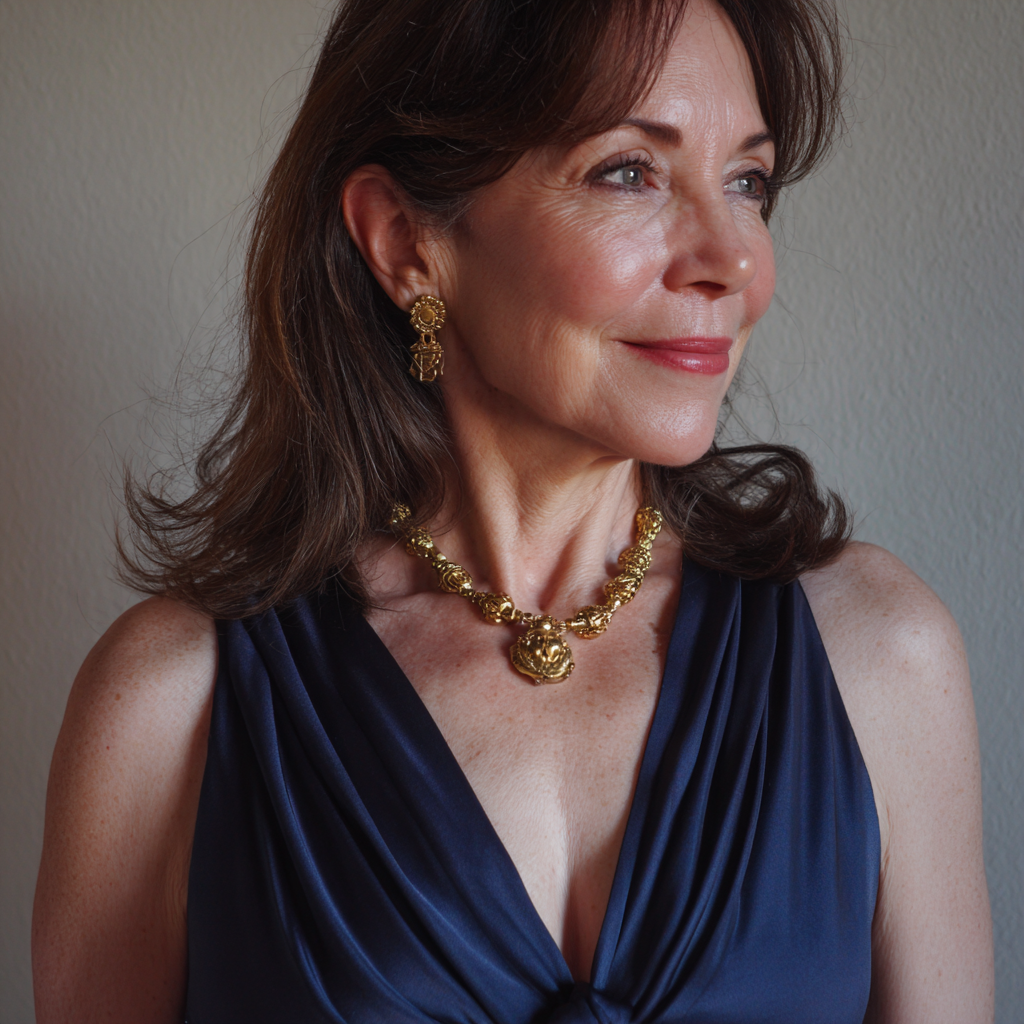 A smiling woman wearing a navy dress | Source: Midjourney