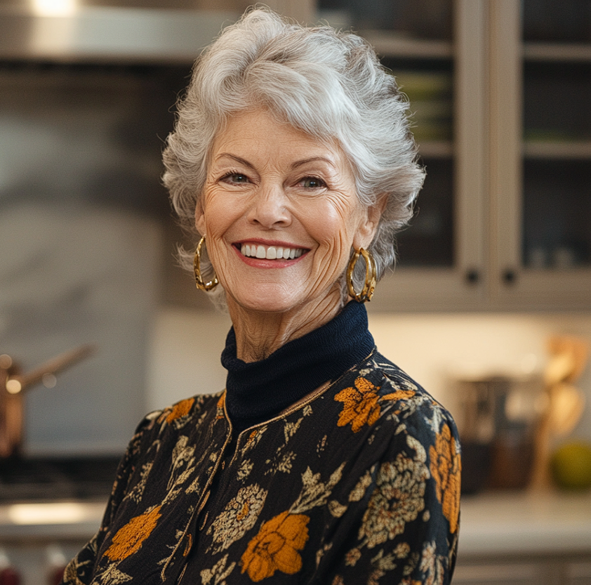 A mature woman grinning in a kitchen | Source: Midjourney