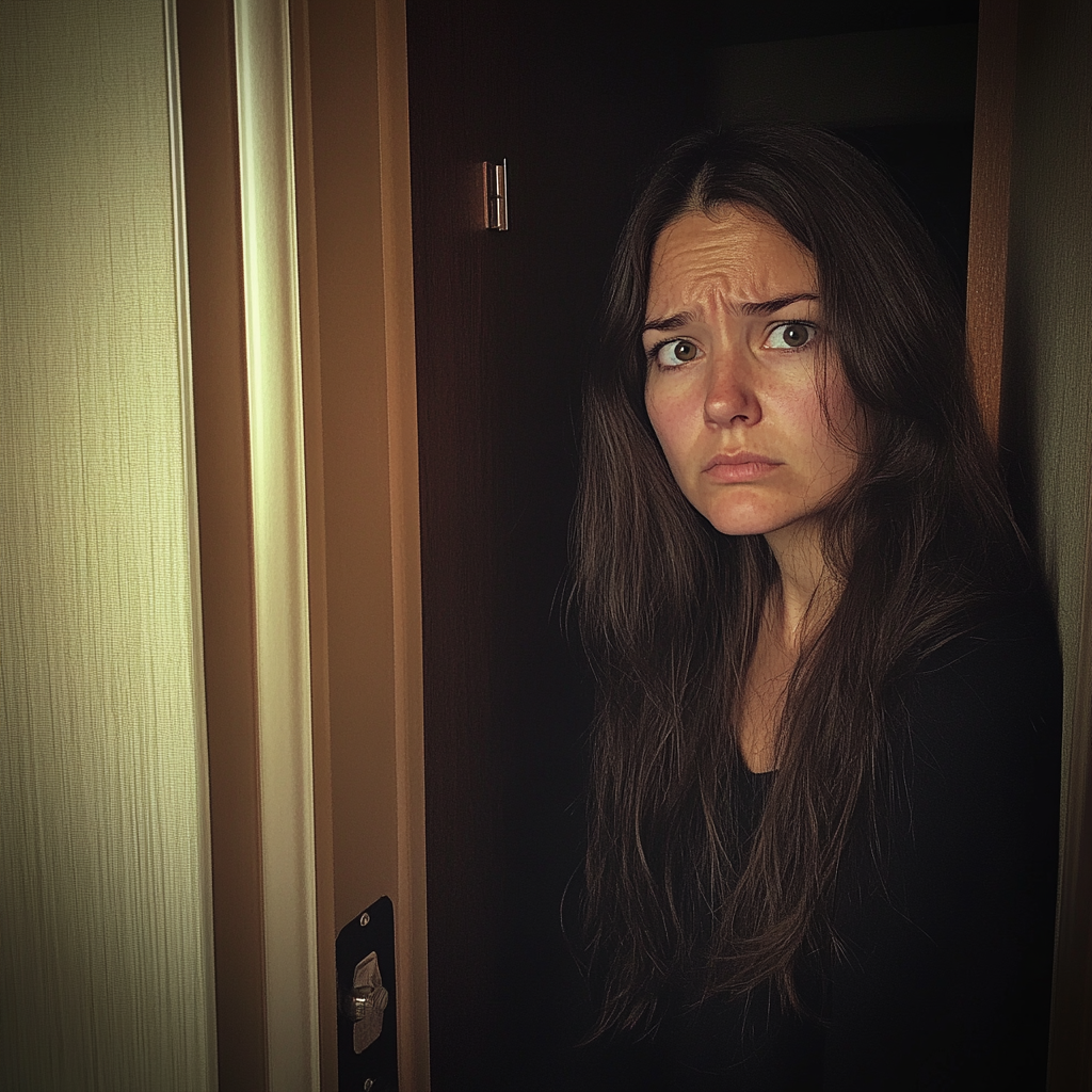 An upset woman standing in a hotel room doorway | Source: Midjourney