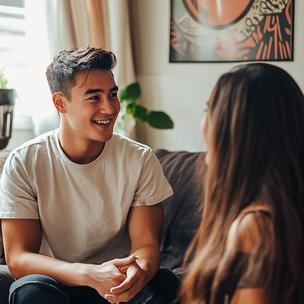 A smiling man talking to a woman | Source: Midjourney