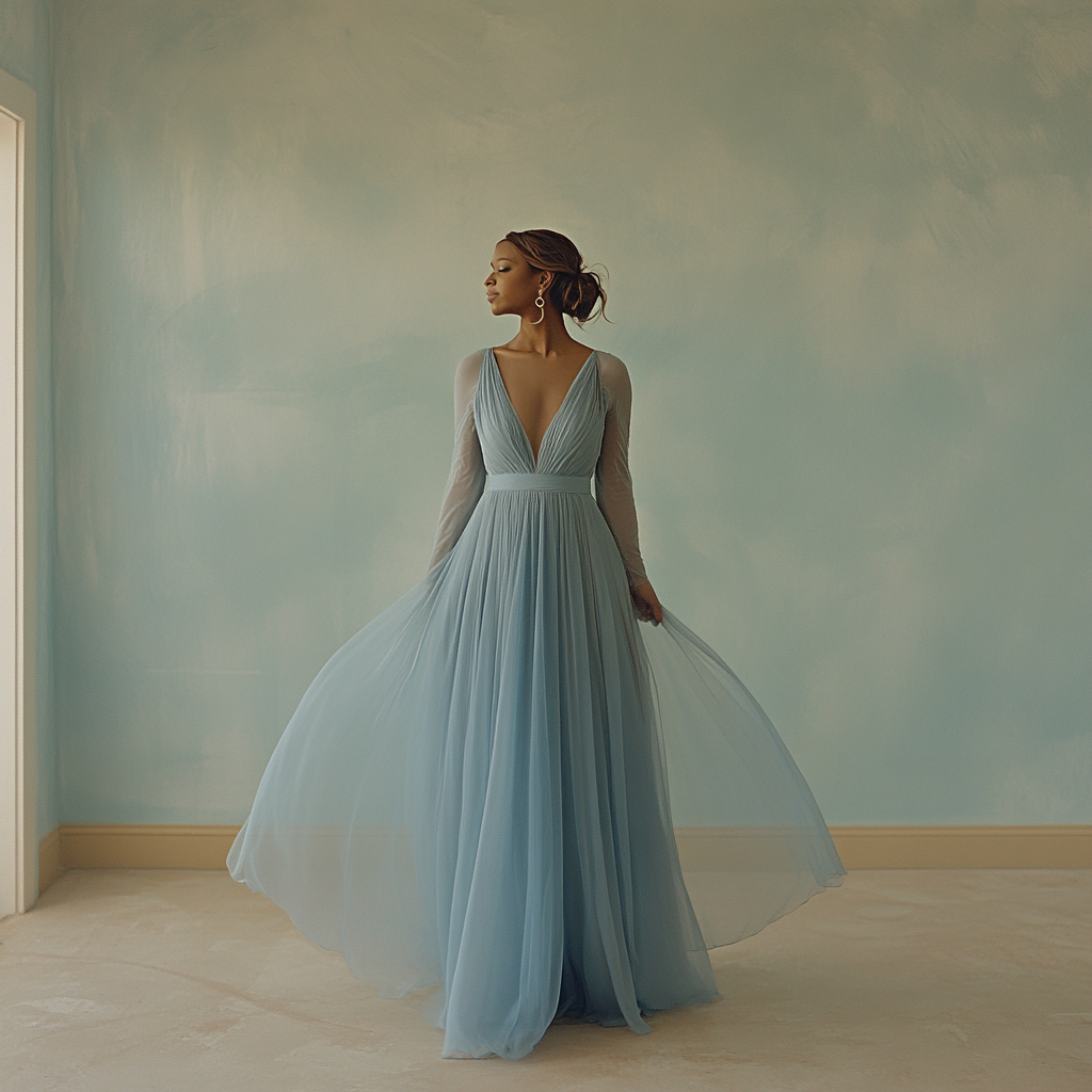 A happy woman in a blue dress | Source: Midjourney