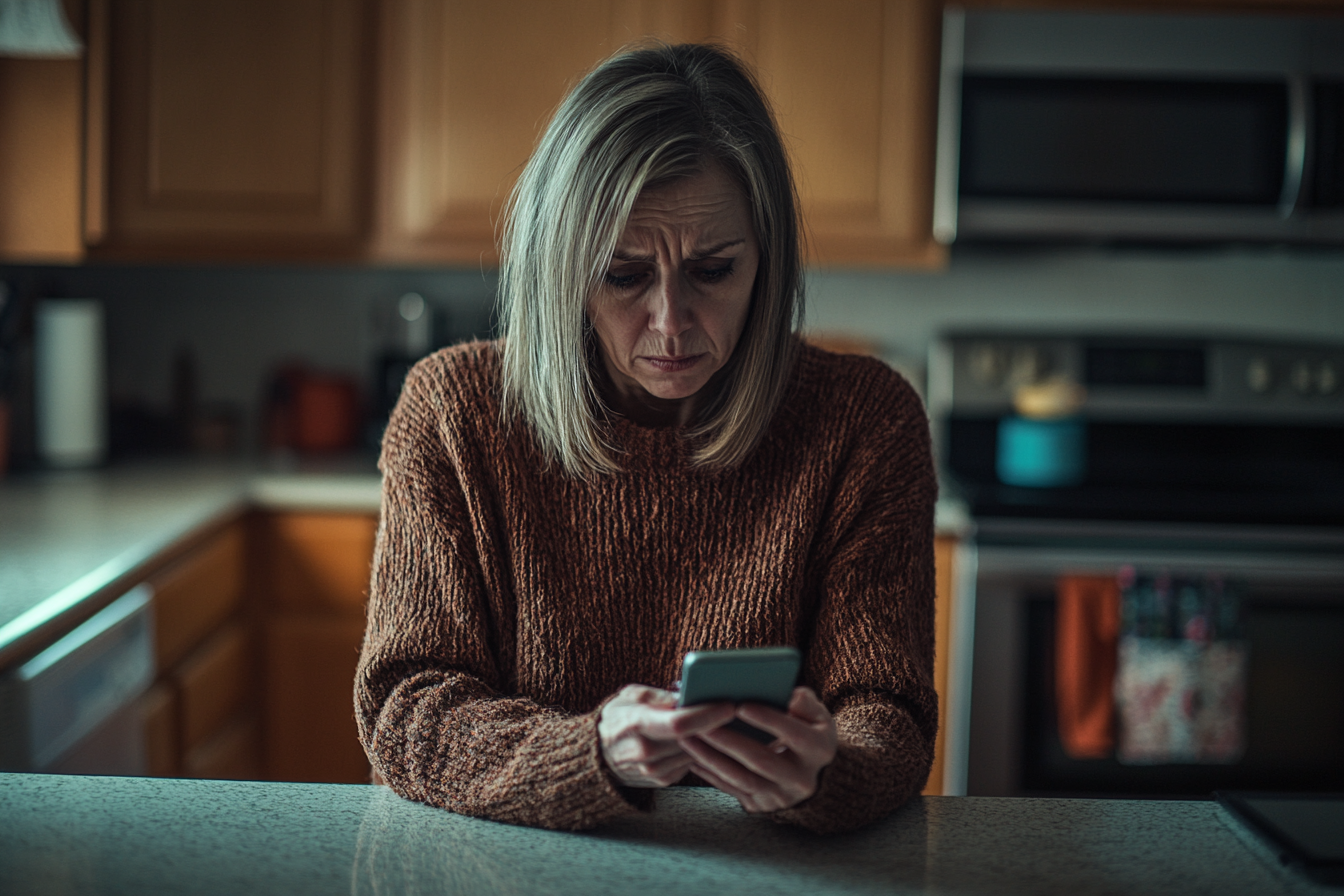 An older woman holding a phone in a kitchen, looking sad | Source: Midjourney