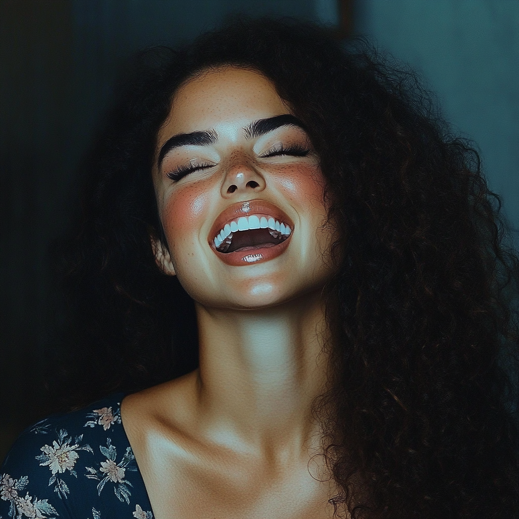 A woman laughing | Source: Midjourney