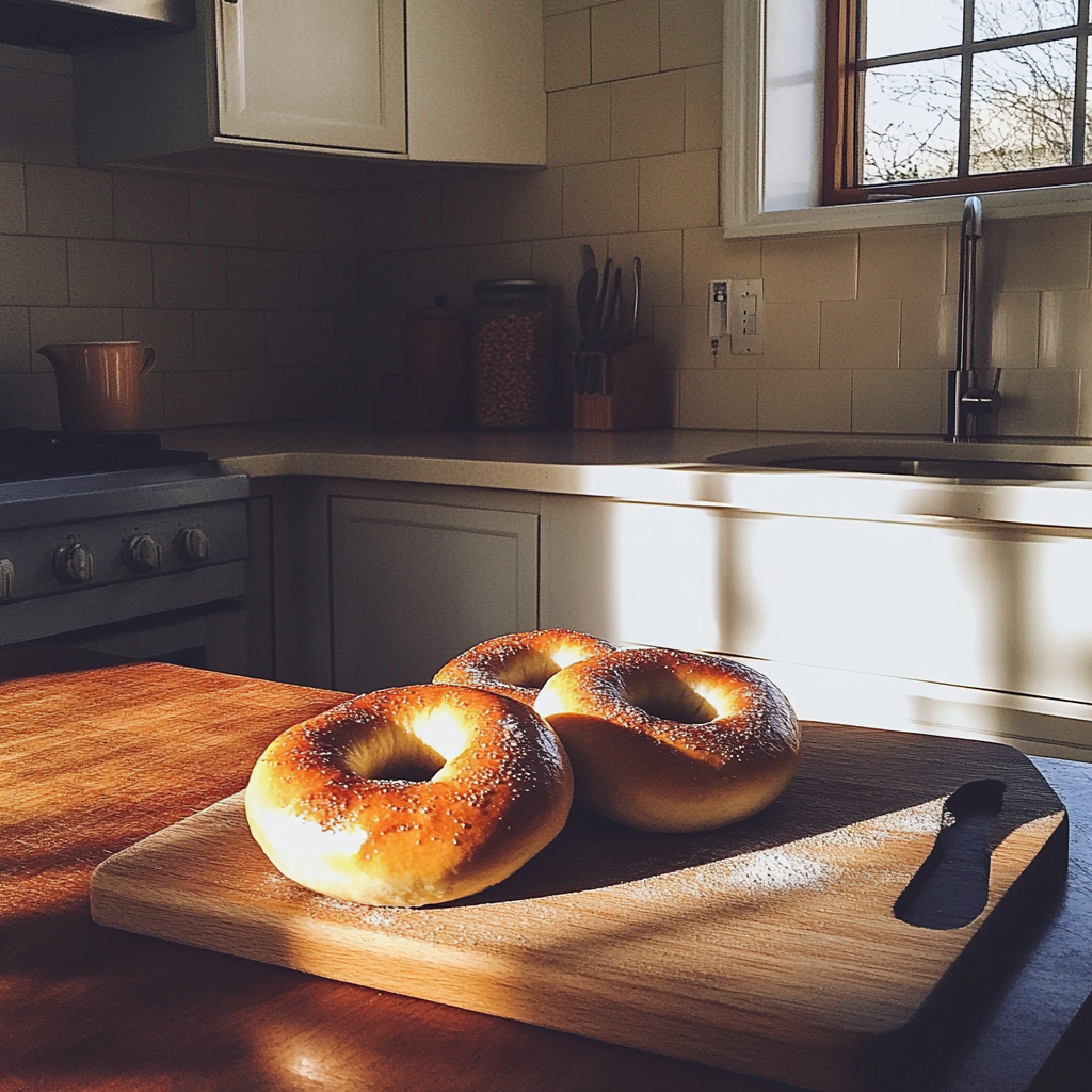 Bagels on a wooden board | Source: Midjourney