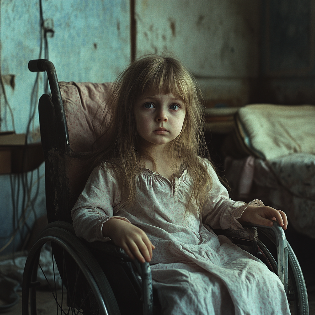 A sad little girl in a wheelchair | Source: Midjourney