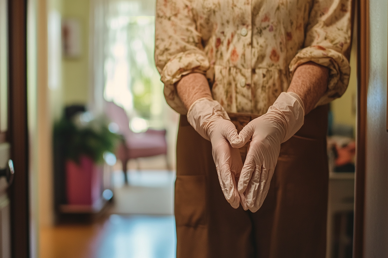 A woman wearing latex gloves standing in an entrance hallway | Source: Midjourney