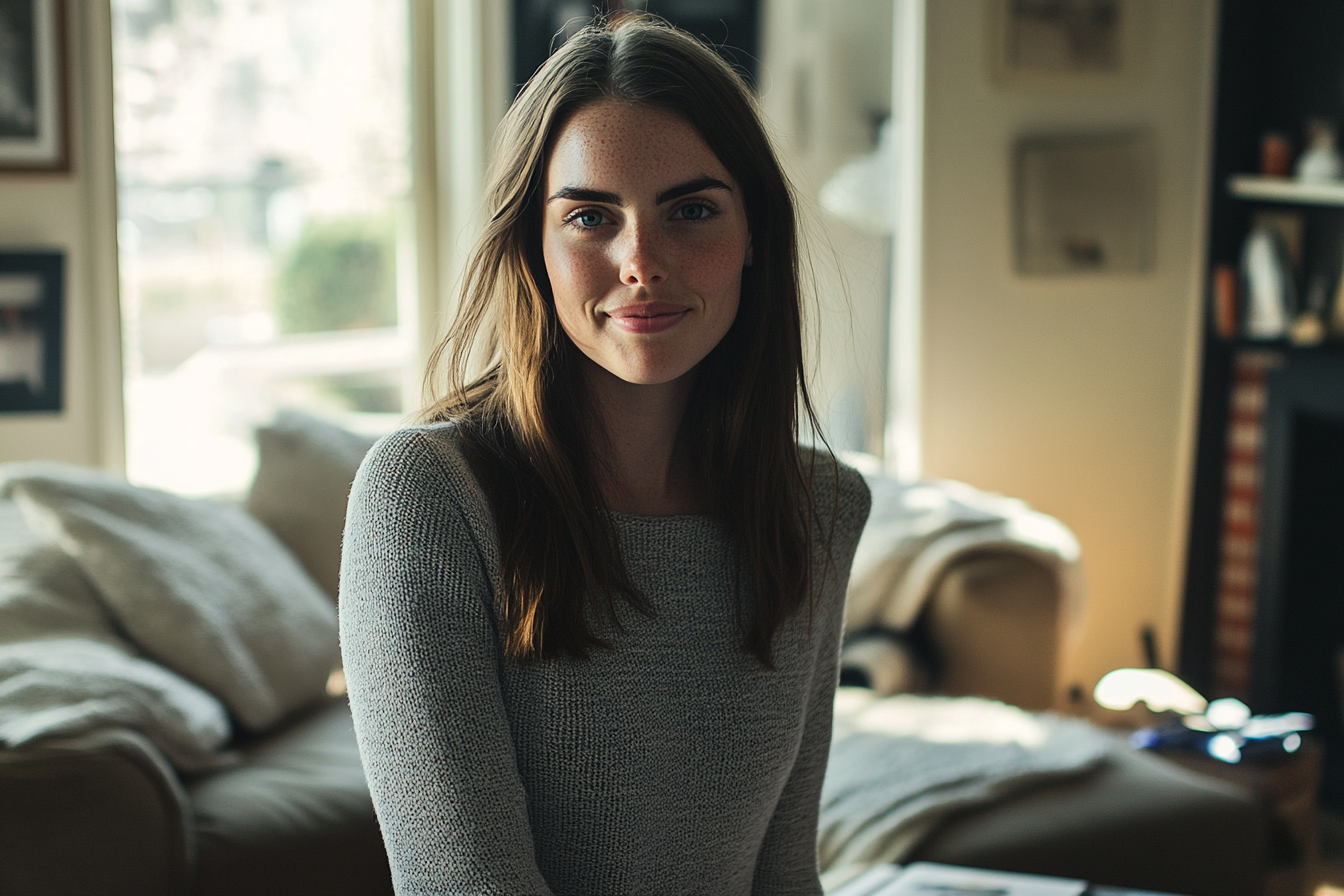 A woman in a living room smirking | Source: Midjourney