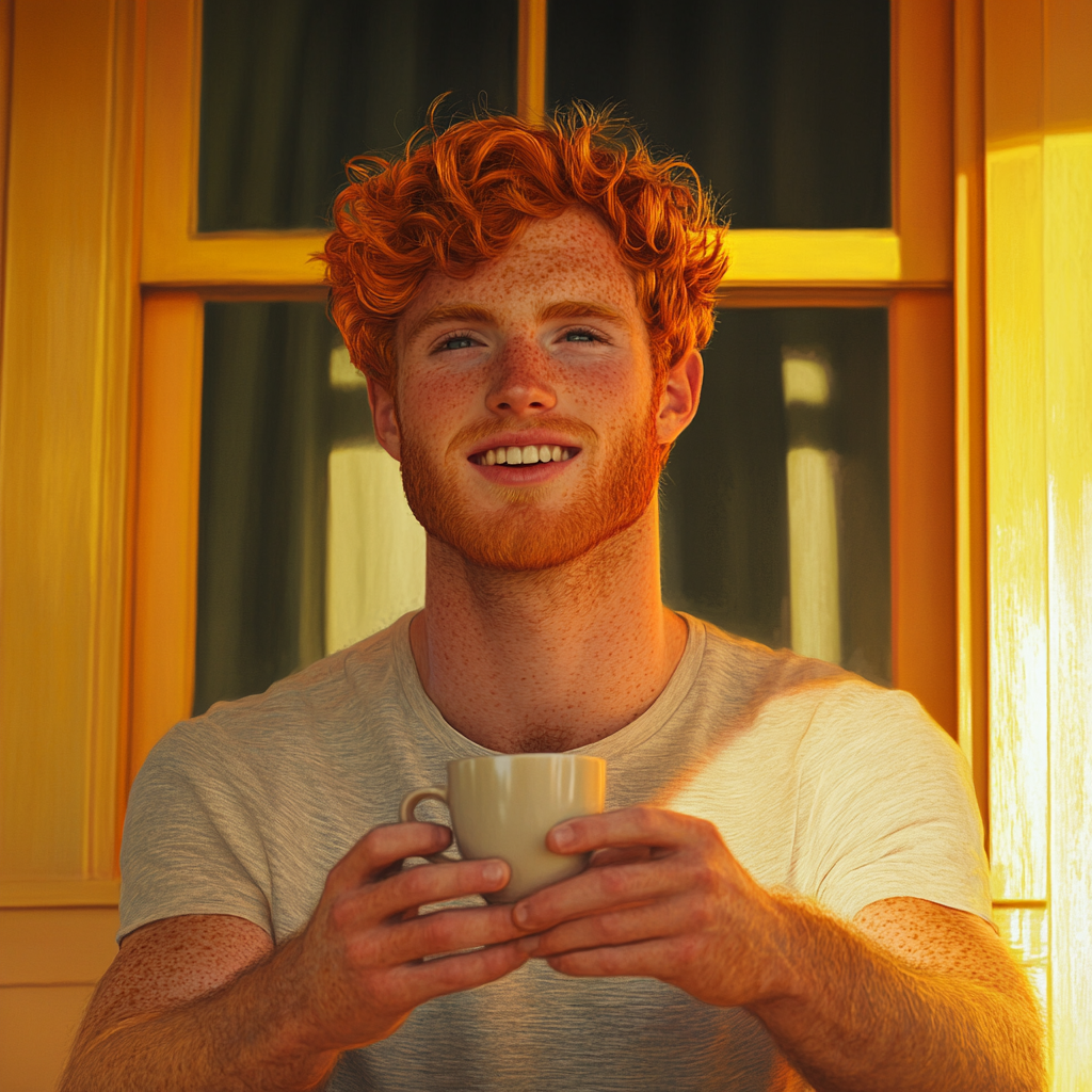 A cheerful man holding a teacup | Source: Midjourney