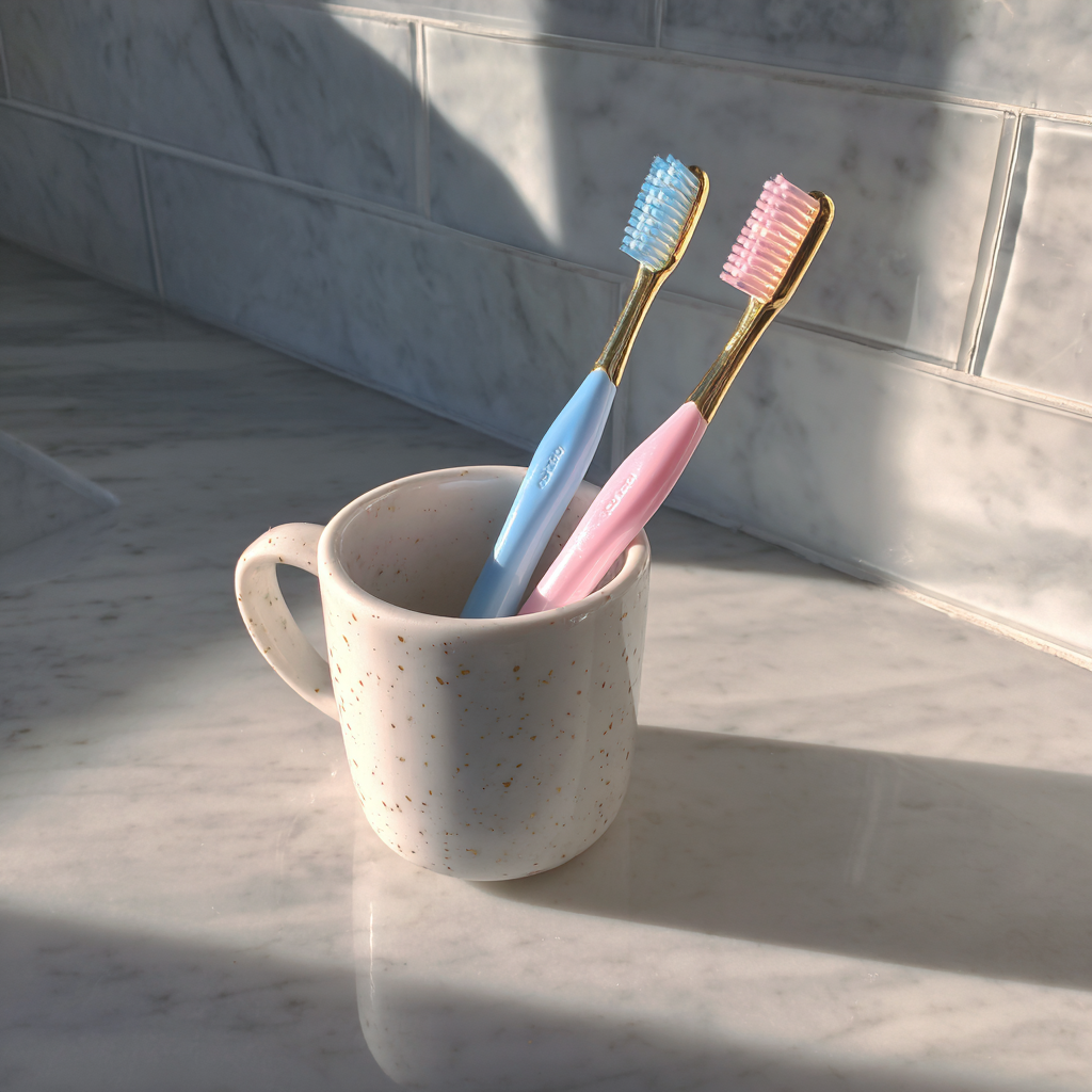 Toothbrushes in a mug on a bathroom counter | Source: Midjourney