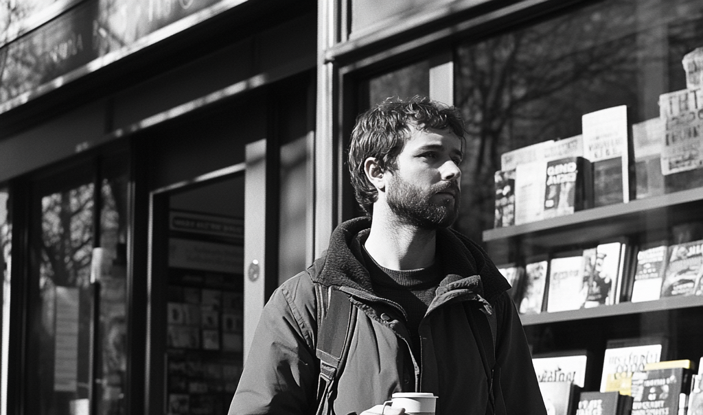 Um homem se aproximando de uma livraria pelo lado de fora | Fonte: Midjourney