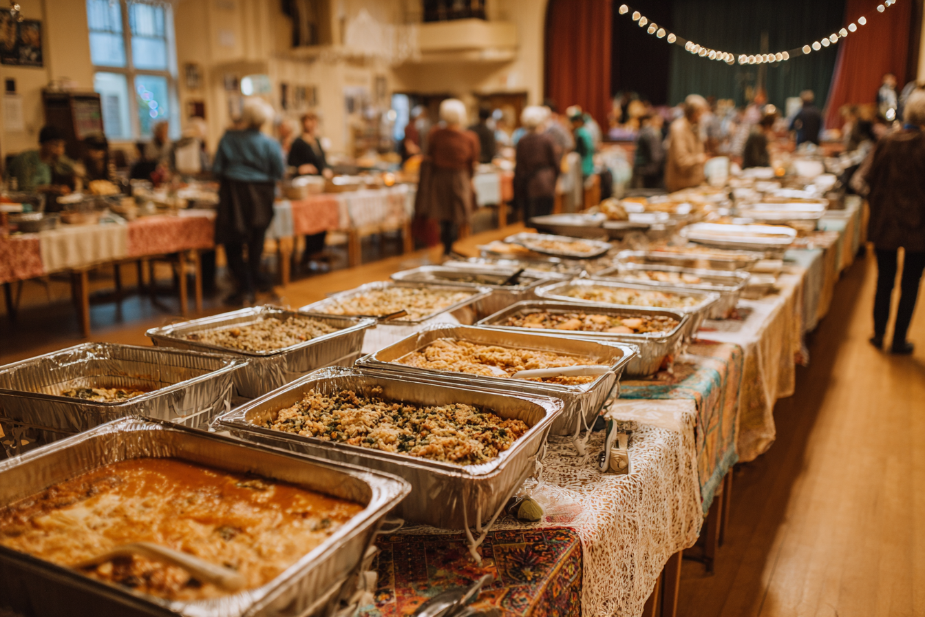 Tables lined up in a church hall | Source: Midjourney