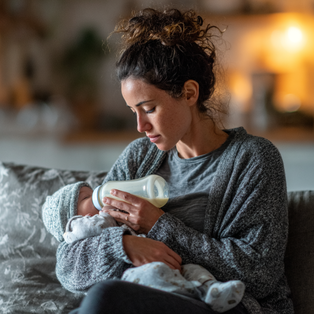 A tired mom feeding her baby | Source: Midjourney