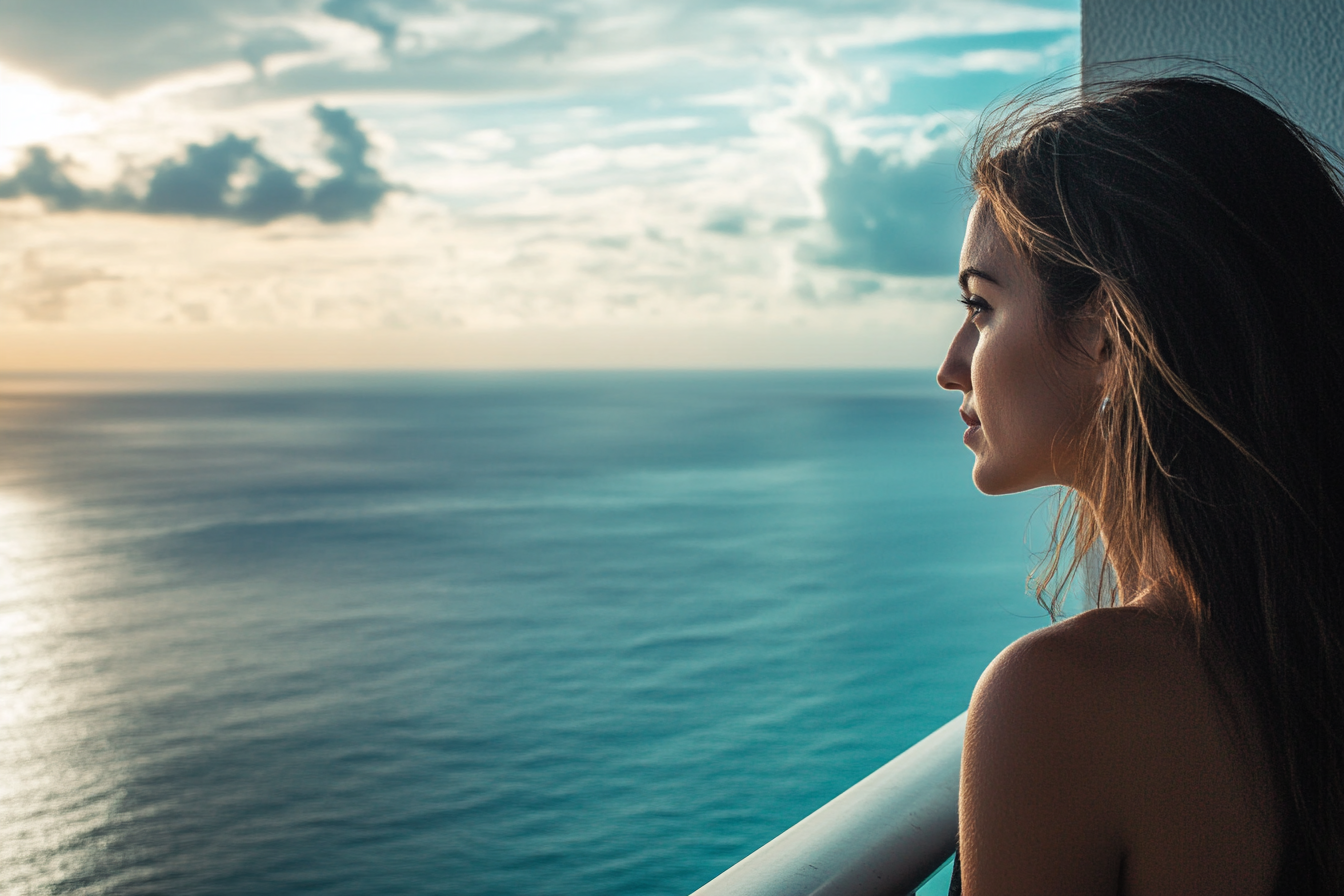 A woman on a balcony staring at the ocean | Source: Midjourney