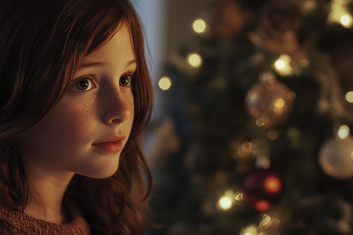 A girl standing near a Christmas tree | Source: Midjourney