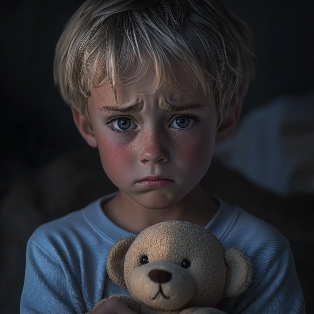 A sad little boy holding a teddy bear | Source: Midjourney