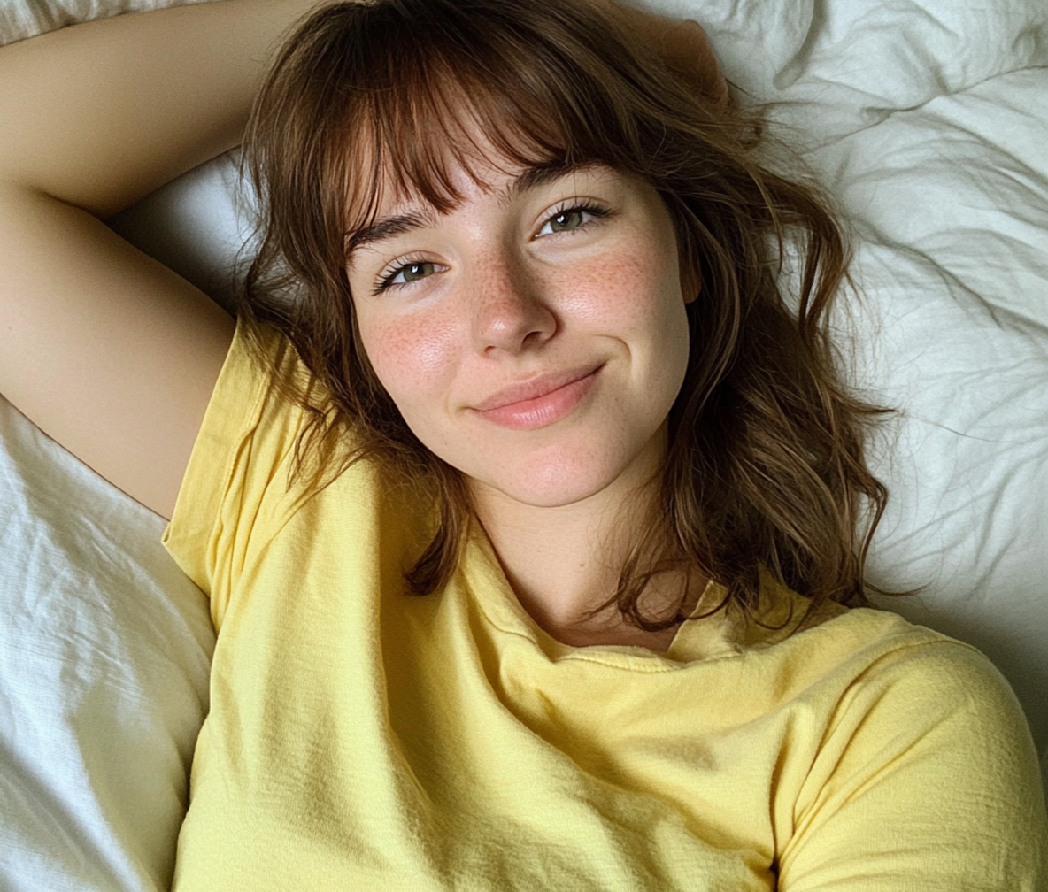 A smiling woman laying on a bed | Source: Midjourney