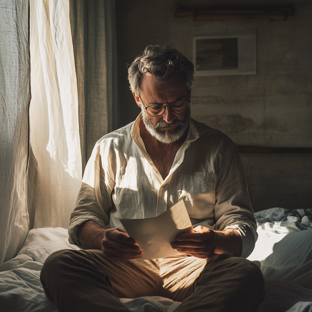 A man reading a letter on his bed | Source: Midjourney