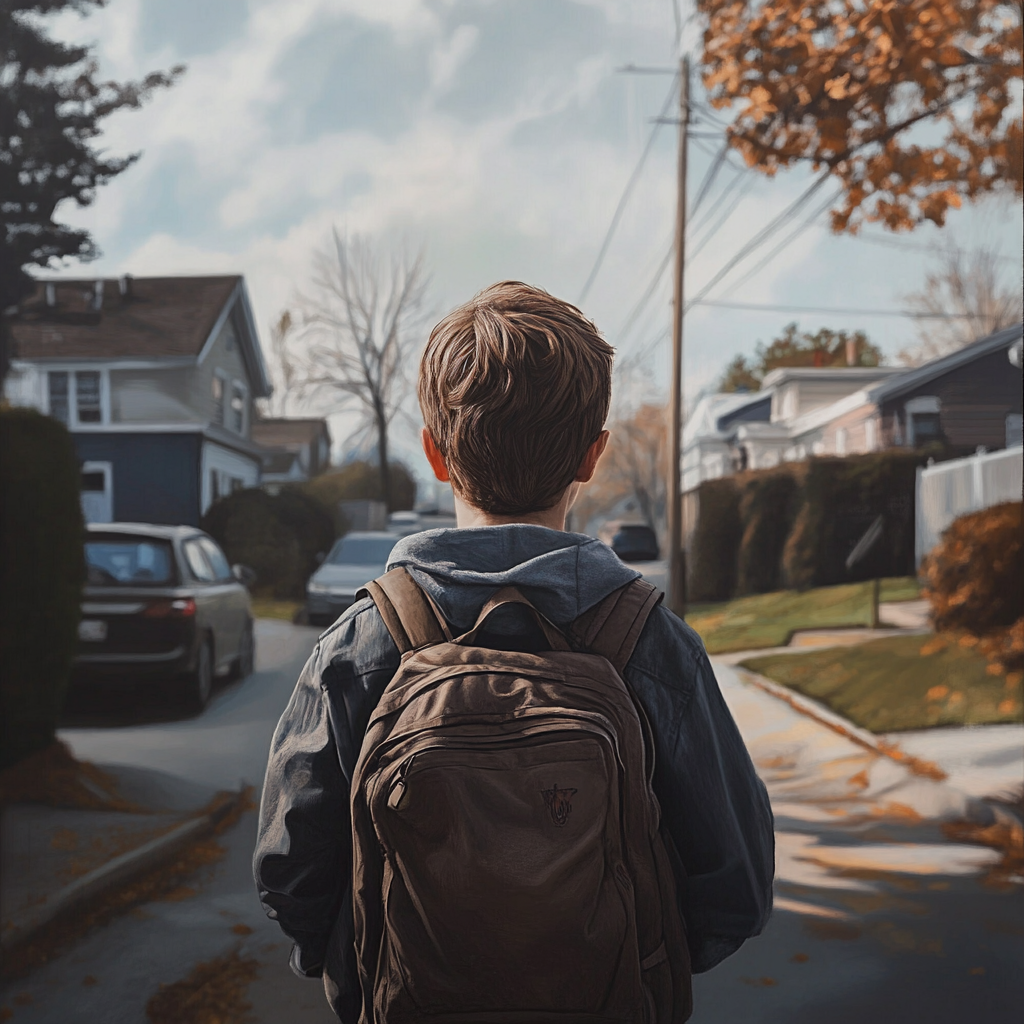 A boy with a backback walking on a street | Source: Midjourney