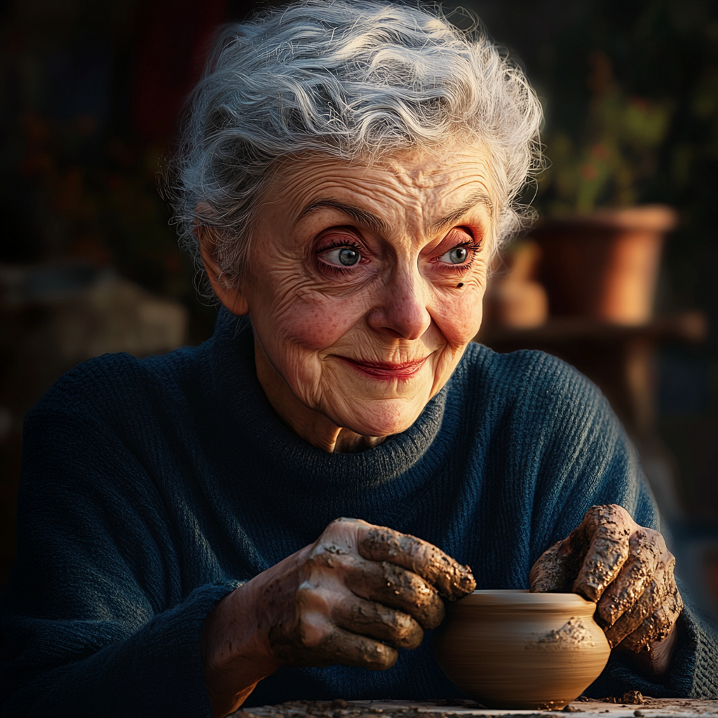 A delighted older woman making pottery | Source: Midjourney