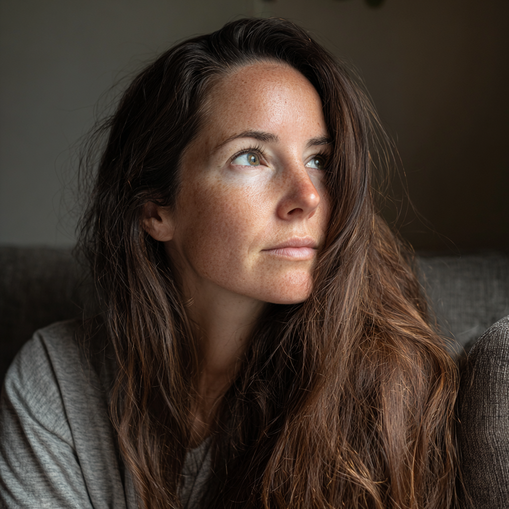 A pensive woman sitting on a couch | Source: Midjourney