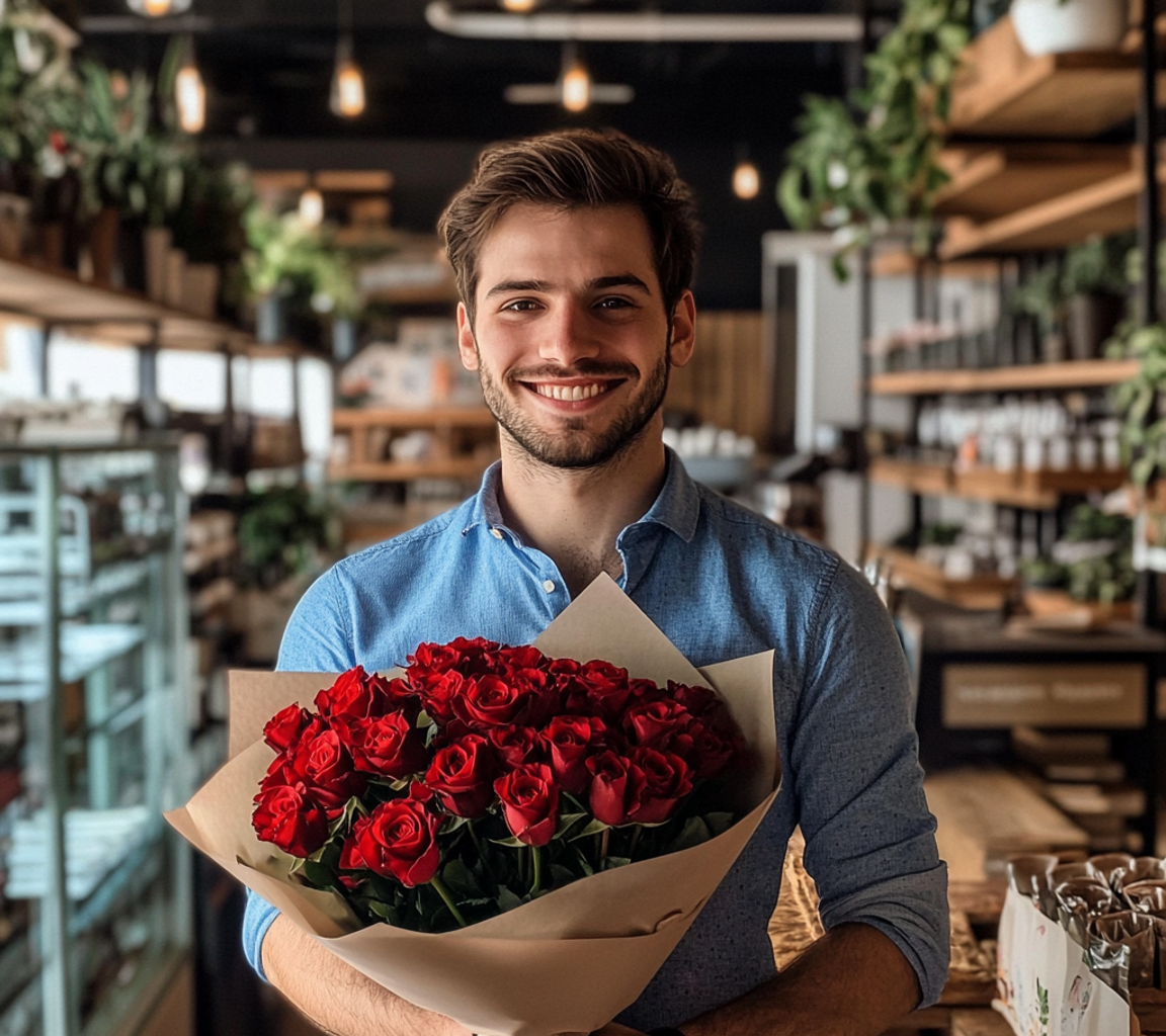 Um homem segurando um buquê de rosas | Fonte: Midjourney