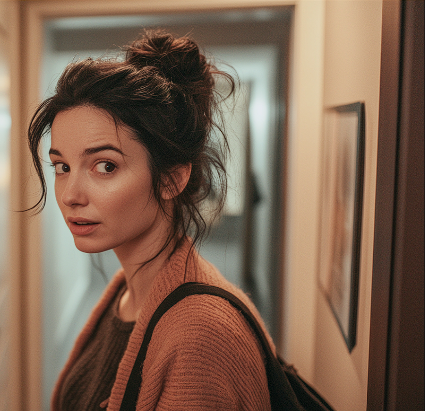 A mildly concerned woman standing in an apartment building hallway | Source: Midjourney