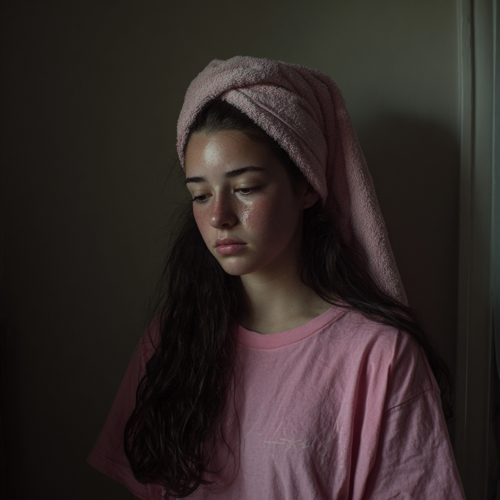 A teenage girl with a towel on her head | Source: Midjourney