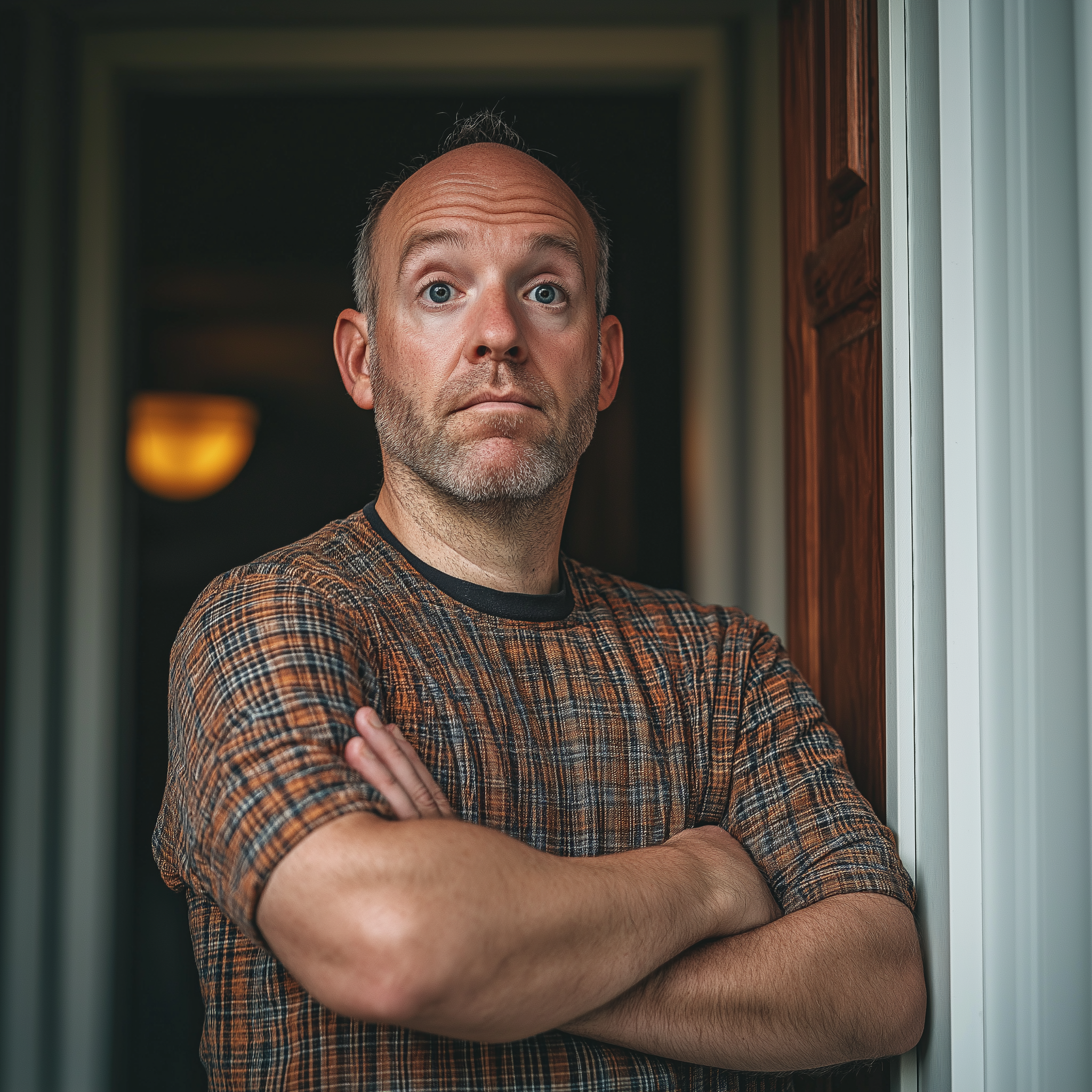 An upset man leans against the doorframe of the front door of his house | Source: Midjourney