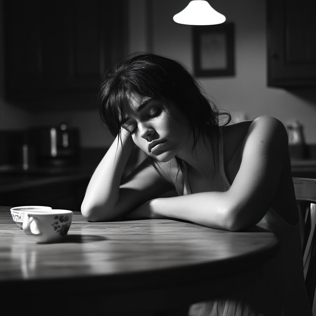 A tired woman sitting at the kitchen table | Source: Midjourney