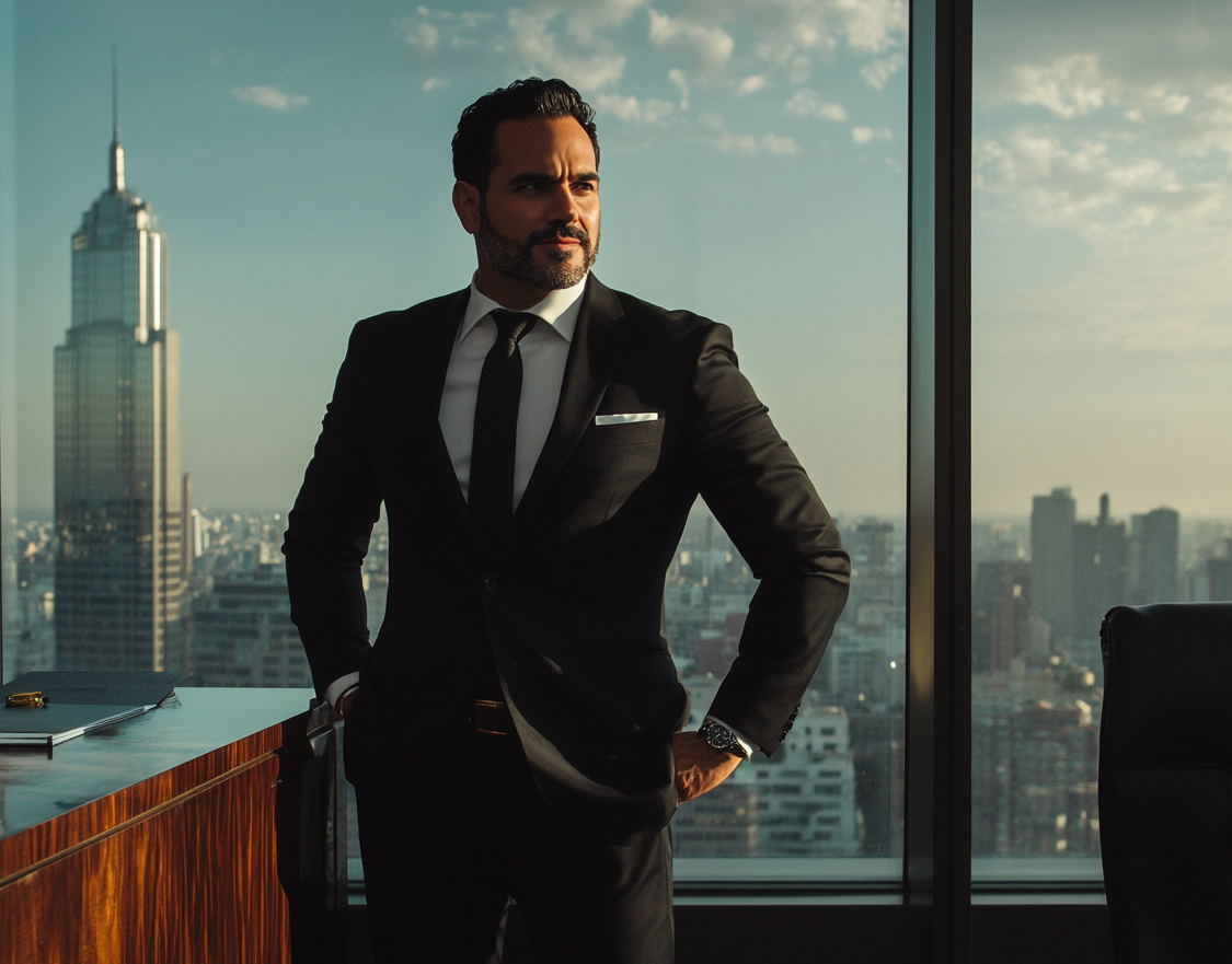 A man in an expensive suit standing in front of a mahogany desk, smirking | Source: Midjourney