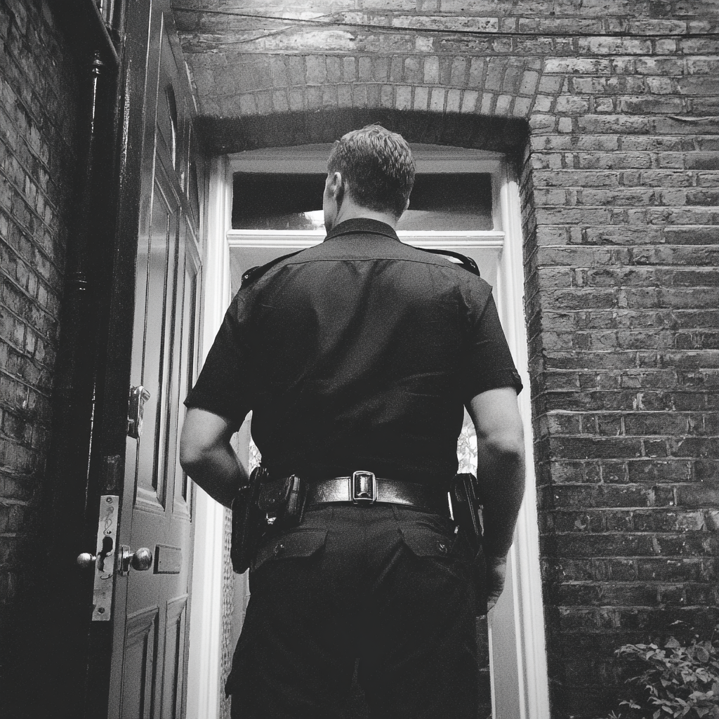 A police officer standing at a front door | Source: Midjourney