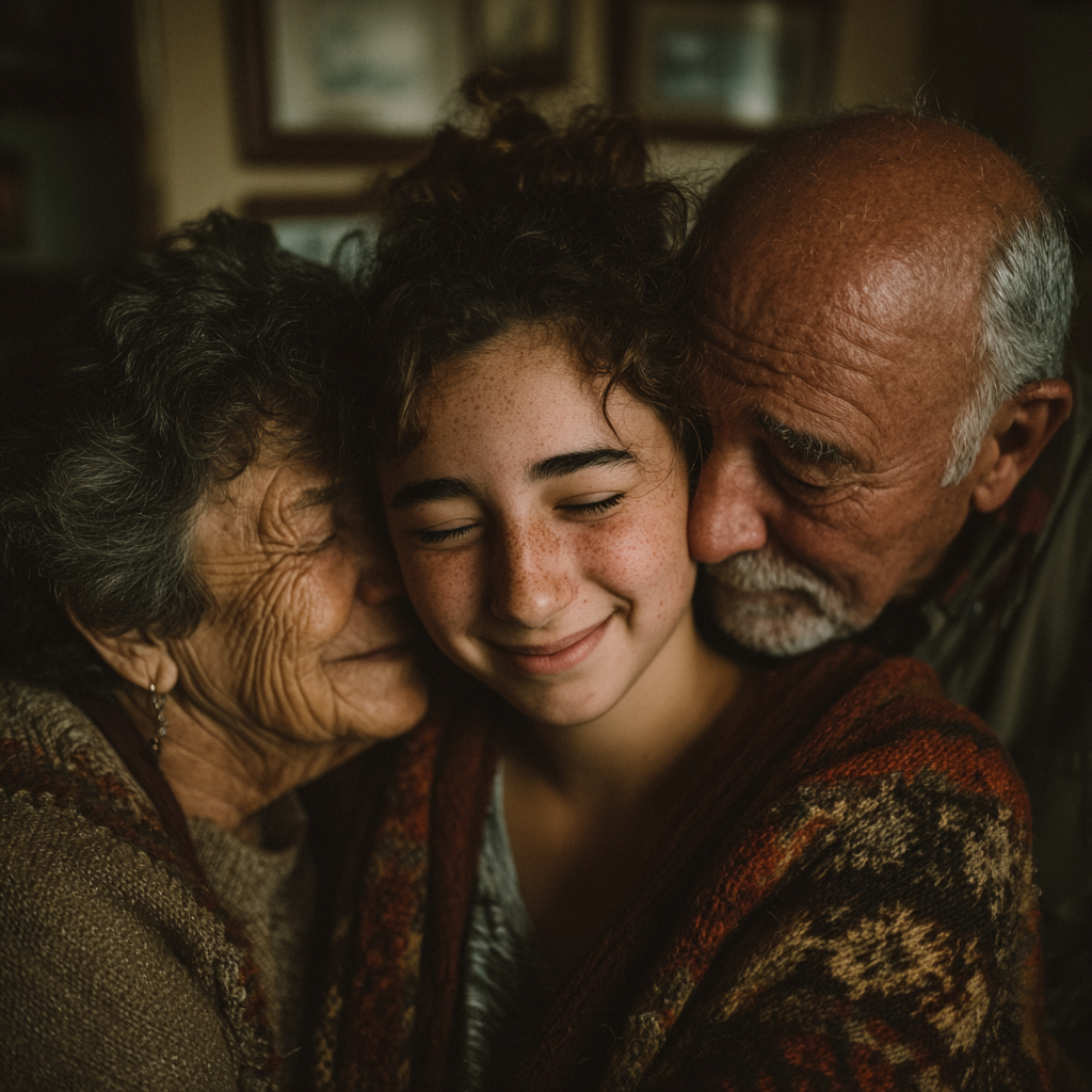 Grandparents hugging their granddaughter | Source: Midjourney