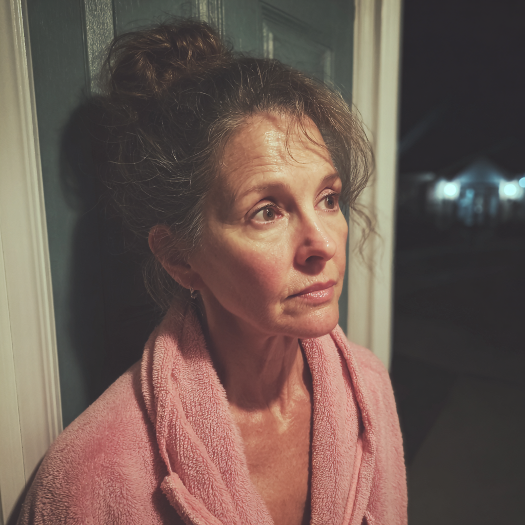 A concerned woman standing at a front door | Source: Midjourney