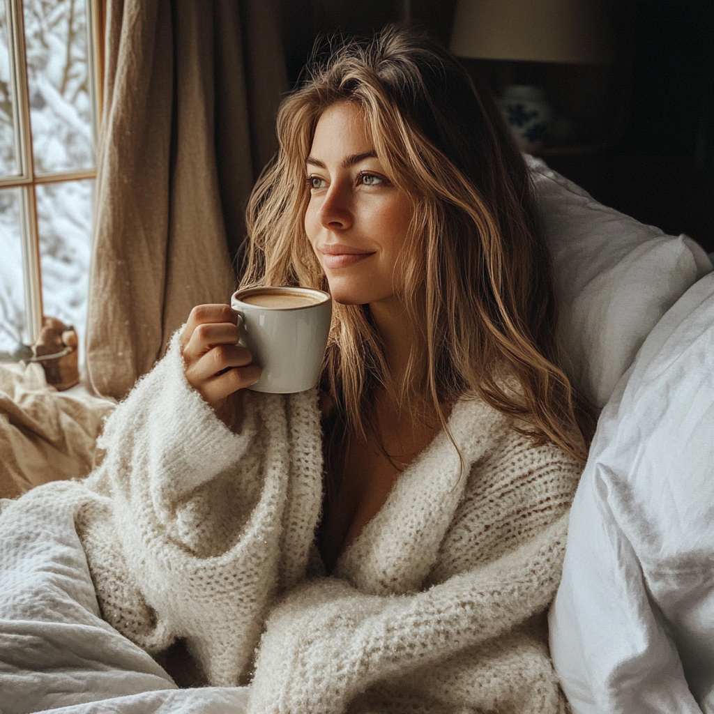 Una mujer sentada en la cama con una taza de café | Fuente: Midjourney