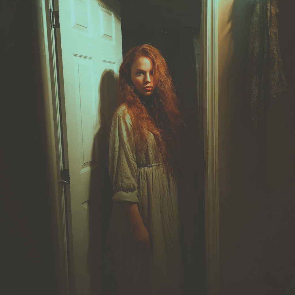 A woman with long red hair standing in a bedroom | Source: Midjourney