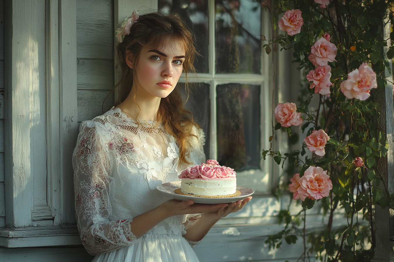 A woman standing on a porch holding a cake | Source: Midjourney