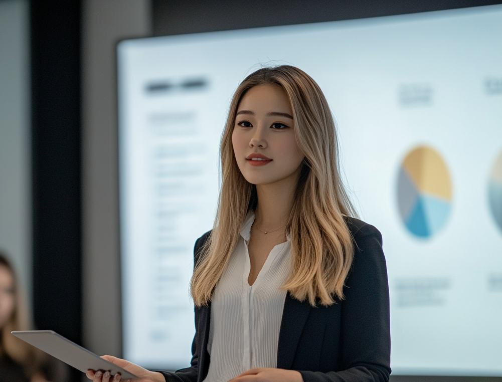 Young woman doing a presentation | Source: Midjourney