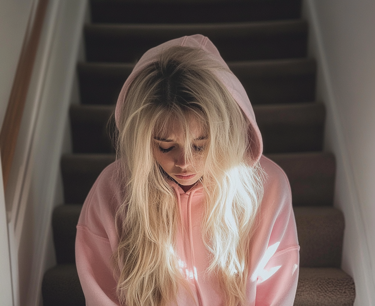 An upset teenager standing on a staircase | Source: Midjourney