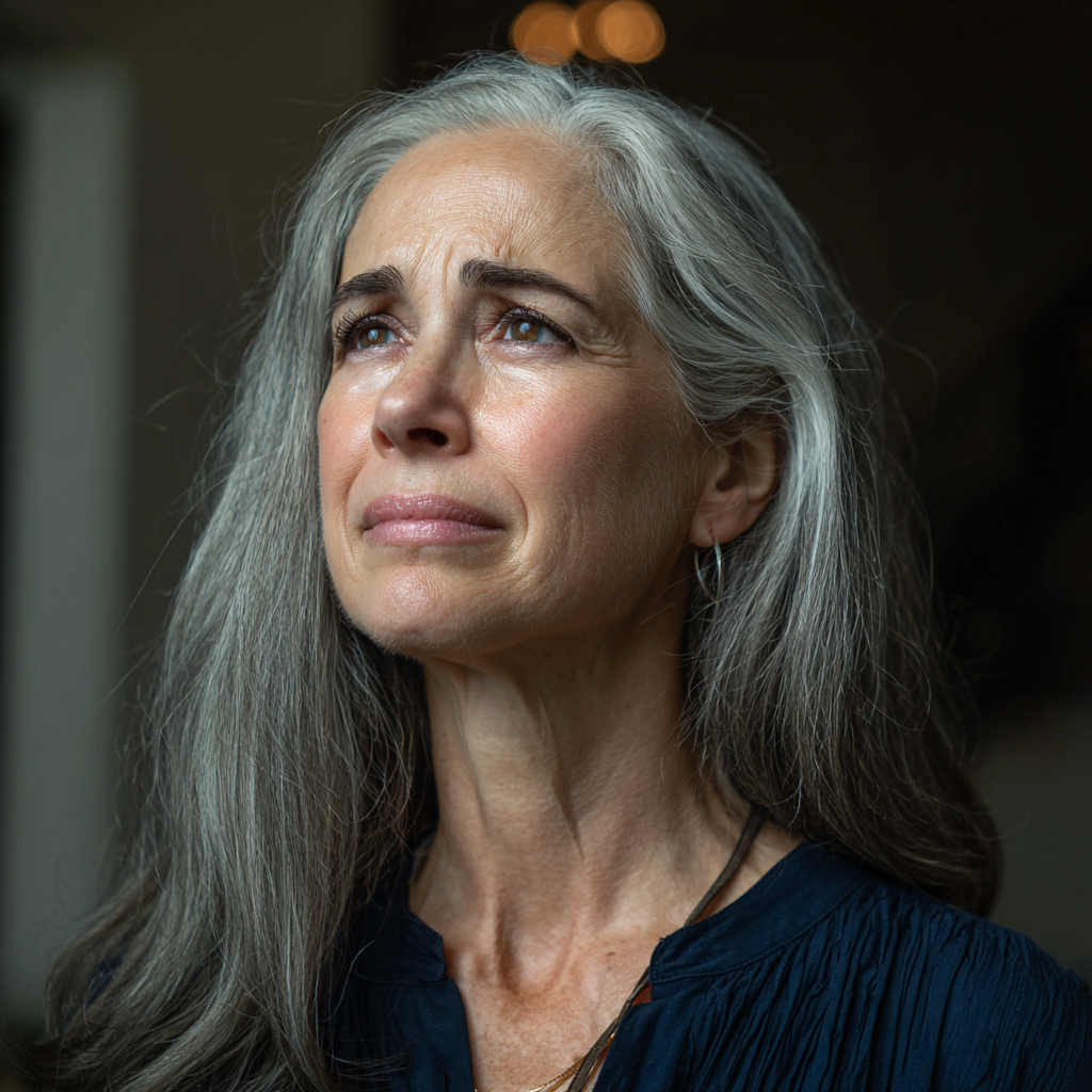 An emotional older woman wearing a navy blouse | Source: Midjourney