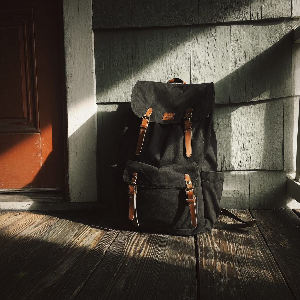 A black backpack on a porch floor | Source: Midjourney