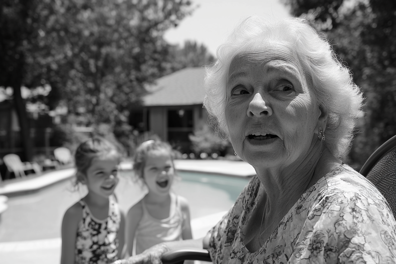 Children standing by the pool, laughing at a senior woman | Source: Midjourney