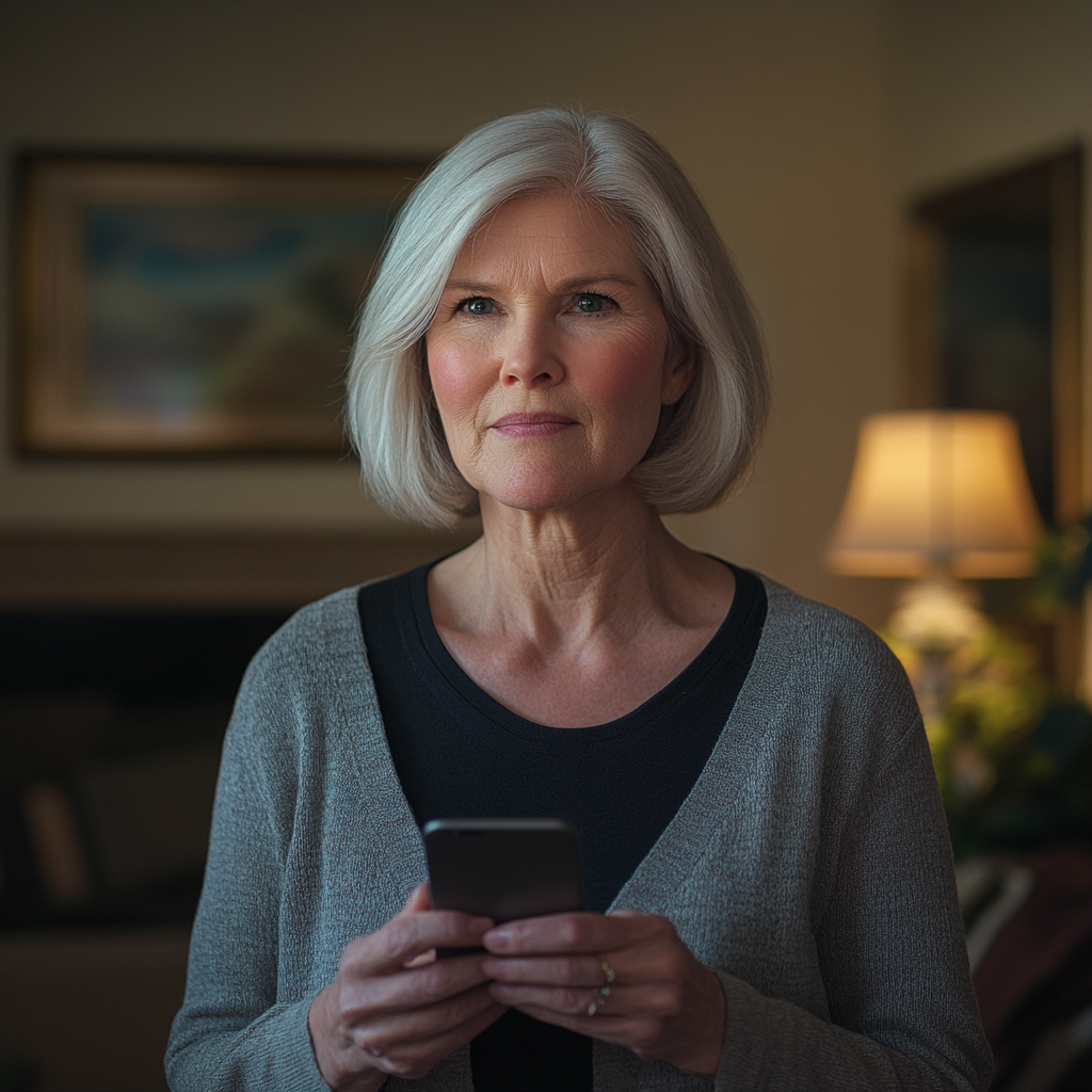 An apologetic senior woman holding her phone | Source: Midjourney